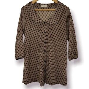 Maternity Blouse Semi Sheer Brown and Black Polka Dot Button Down 3/4 Sleeve Top